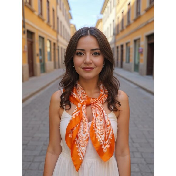 Women Orange Paisley Headscarf Satin Bandana Pattern Polyester Breathable Scarve - Picture 7 of 7